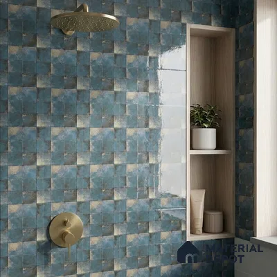 Eclectic Bathroom with Glossy Blue and Gold Rustic Square Tile and Brass Fixtures