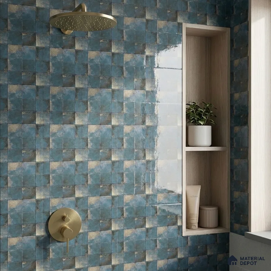 Eclectic Bathroom with Glossy Blue and Gold Rustic Square Tile and Brass Fixtures