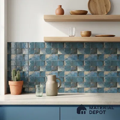 Eclectic Kitchen with Glossy Blue and Gold Rustic Square Backsplash Tile and Blue Cabinets