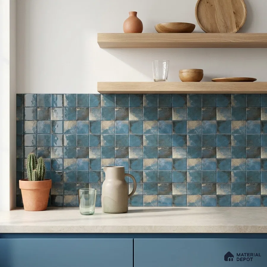 Eclectic Kitchen with Glossy Blue and Gold Rustic Square Backsplash Tile and Blue Cabinets