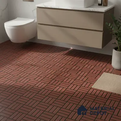 Modern bathroom with terracotta geometric floor tiles and beige floating vanity