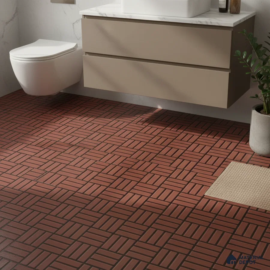 Modern bathroom with terracotta geometric floor tiles and beige floating vanity