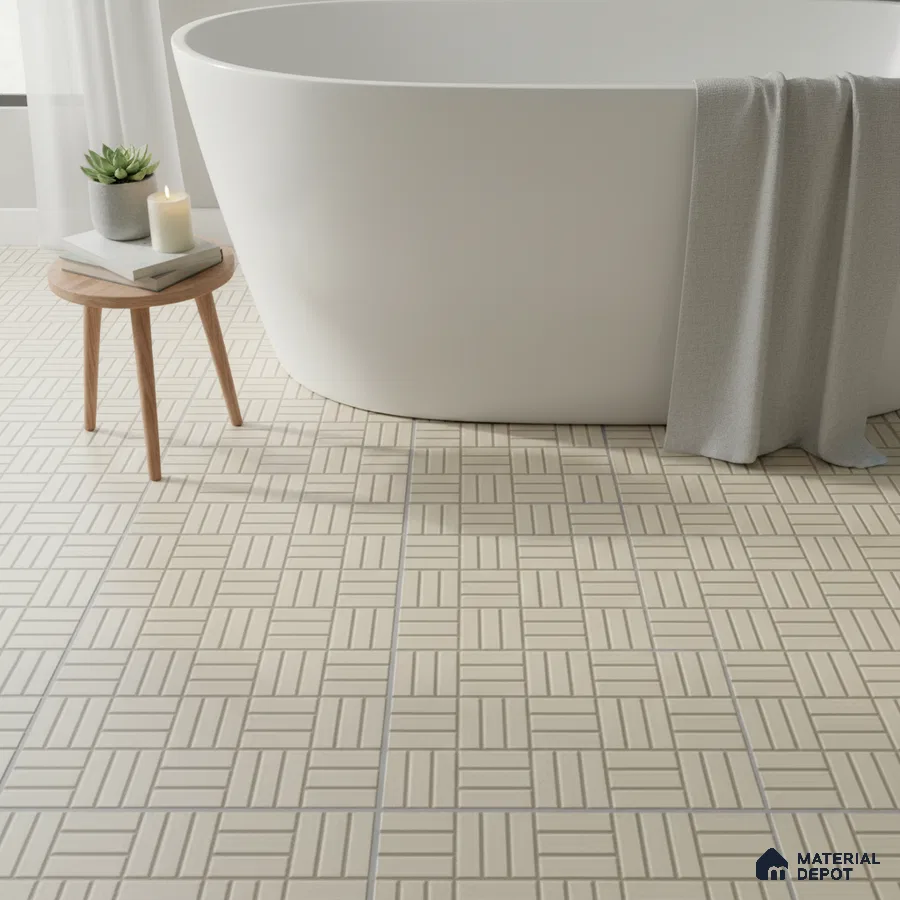 Minimalist bathroom with geometric beige floor tiles and freestanding tub