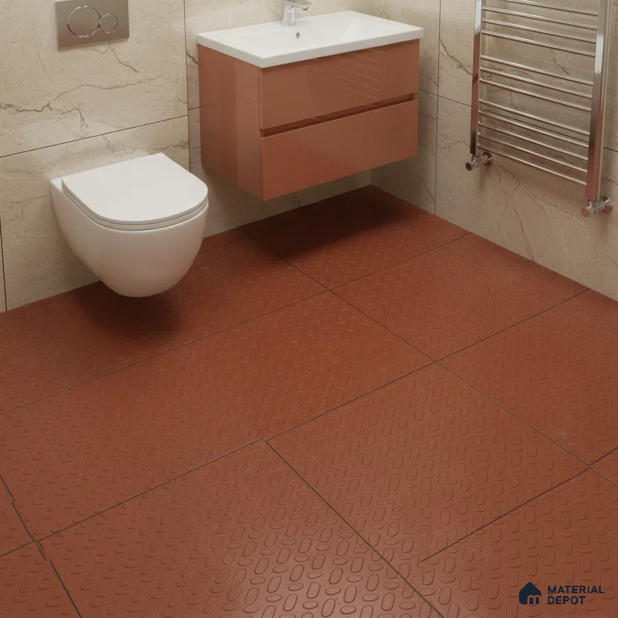 Modern bathroom with beige marble wall tiles and terracotta anti-skid floor tiles