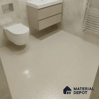 Modern bathroom with beige marble wall tiles and anti-skid patterned beige floor tiles