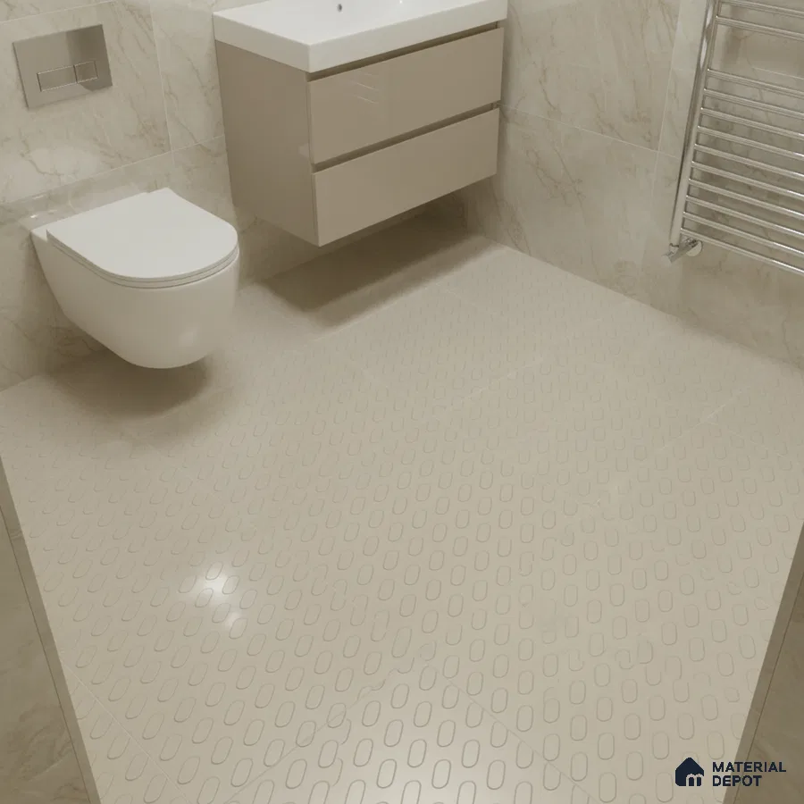 Modern bathroom with beige marble wall tiles and anti-skid patterned beige floor tiles