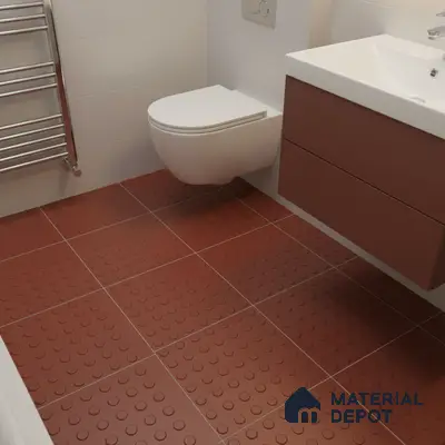 Modern bathroom with terracotta anti-skid floor tiles and matte brown vanity laminate