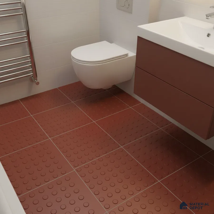 Modern bathroom with terracotta anti-skid floor tiles and matte brown vanity laminate