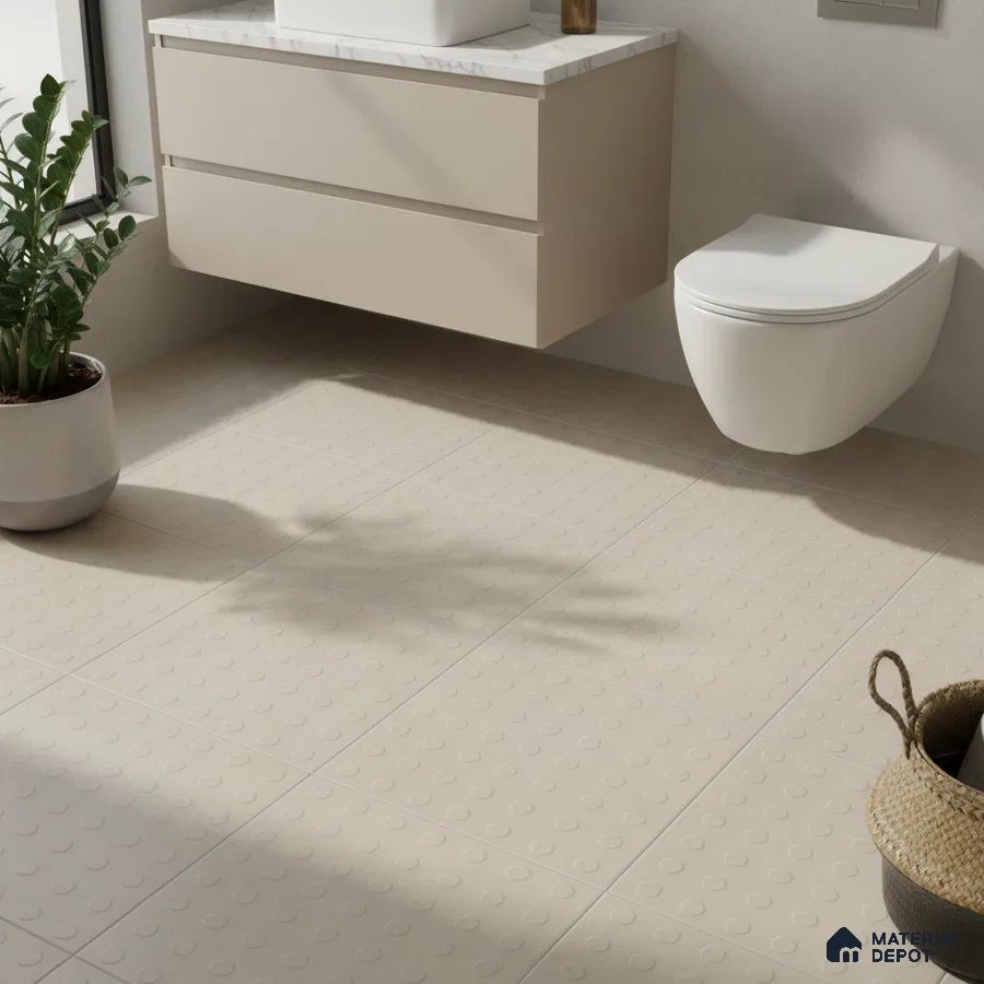Minimalist bathroom with beige anti-skid floor tiles and marble countertop vanity