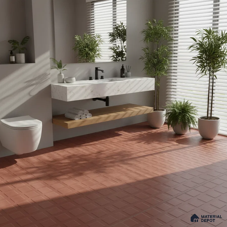 Minimalist bathroom with terracotta textured floor tiles and white marble vanity