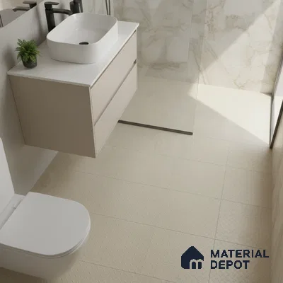 Modern bathroom with beige anti-skid floor tiles and marble-look wall tiles