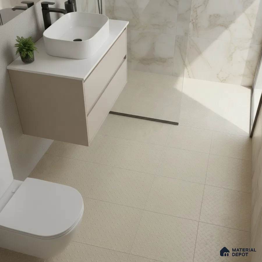 Modern bathroom with beige anti-skid floor tiles and marble-look wall tiles