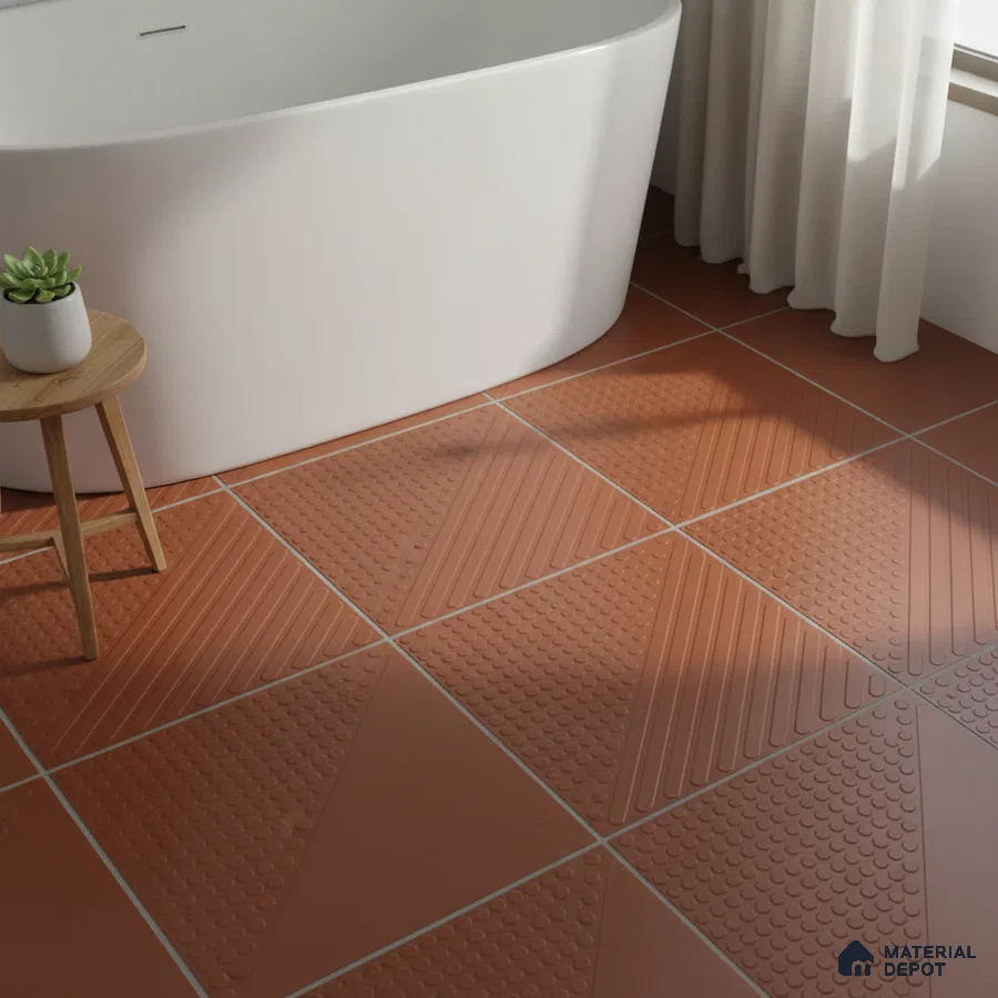 Minimalist bathroom with terracotta textured anti-skid floor tiles and freestanding tub