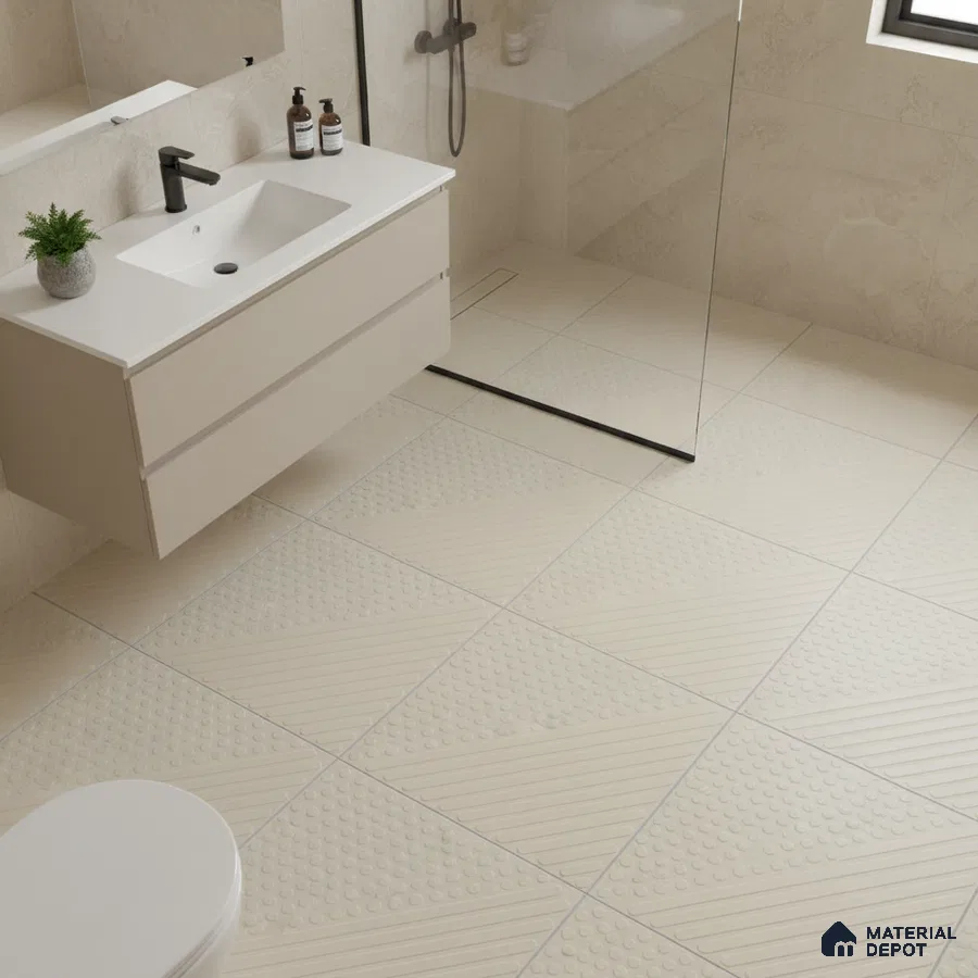Modern bathroom with beige textured anti-skid floor tiles and floating vanity