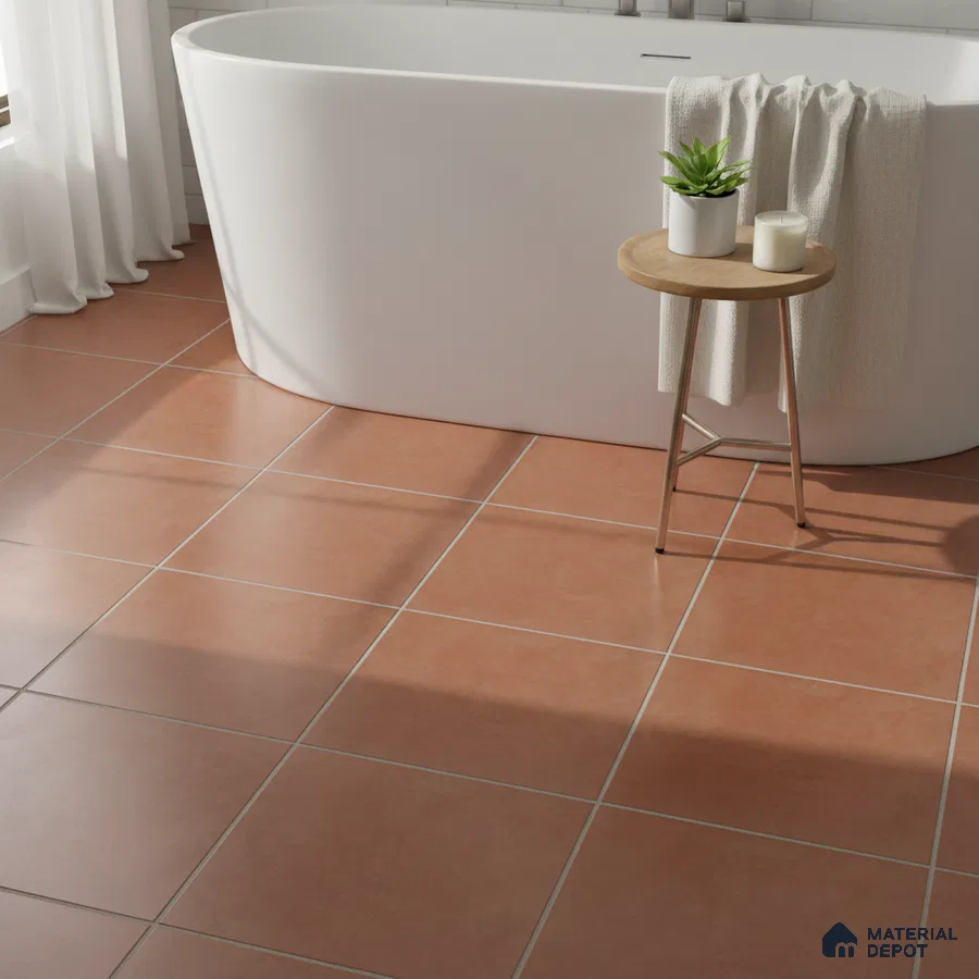 Minimalist bathroom with terracotta matte floor tiles and freestanding tub