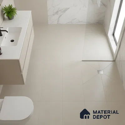 Minimalist bathroom with beige floor tiles, marble wall tiles, and white quartz vanity countertop