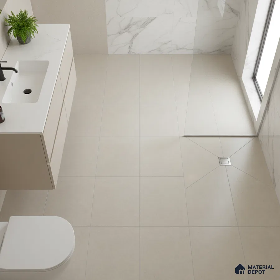 Minimalist bathroom with beige floor tiles, marble wall tiles, and white quartz vanity countertop