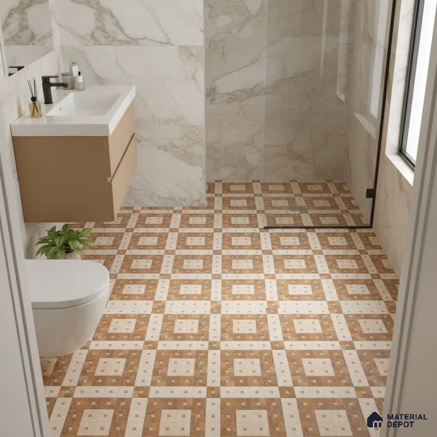Modern bathroom with marble-look wall tiles and brown geometric patterned floor tiles