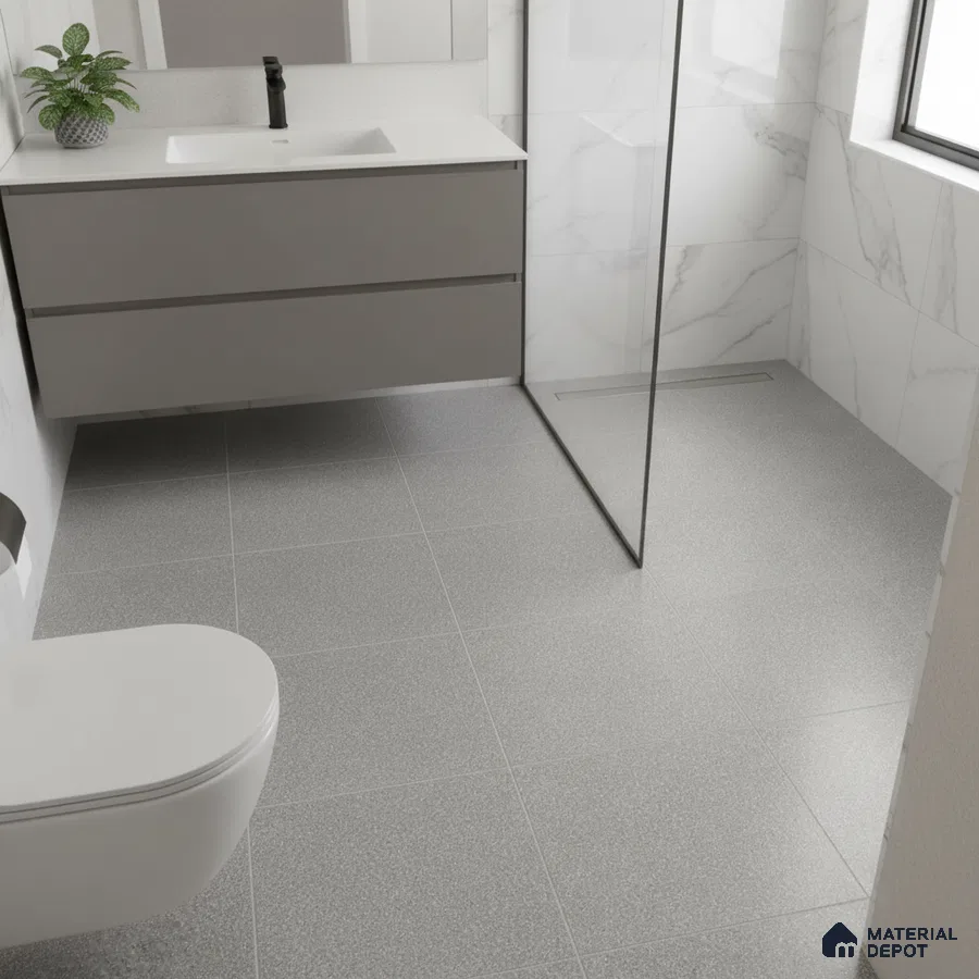 Minimalist bathroom with grey matte floor tiles, marble-look wall tiles, and floating taupe vanity
