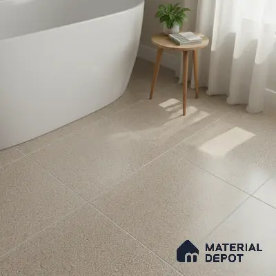 Minimalist bathroom with beige terrazzo floor tiles and freestanding tub