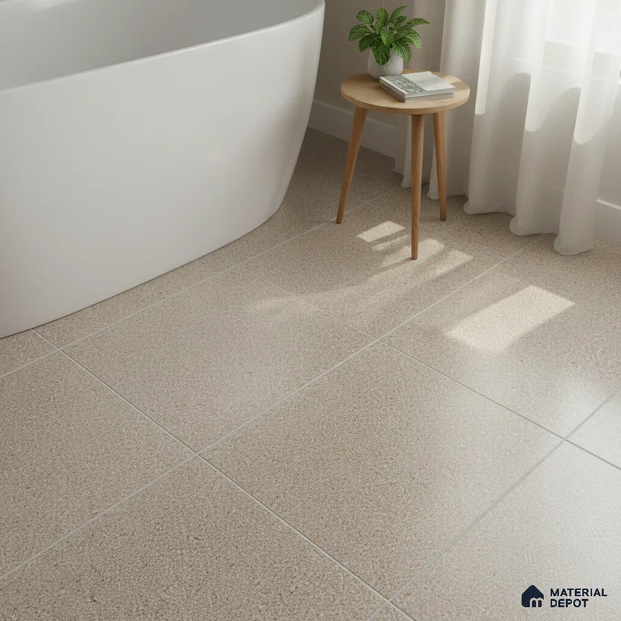 Minimalist bathroom with beige terrazzo floor tiles and freestanding tub