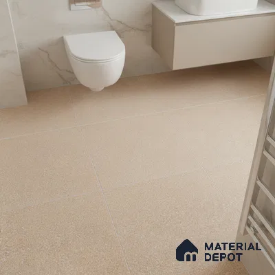Modern bathroom with beige antiskid floor tiles and marble-look wall tiles