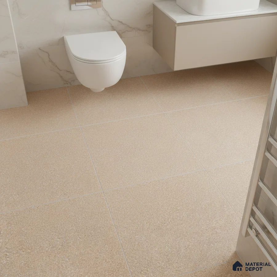 Modern bathroom with beige antiskid floor tiles and marble-look wall tiles