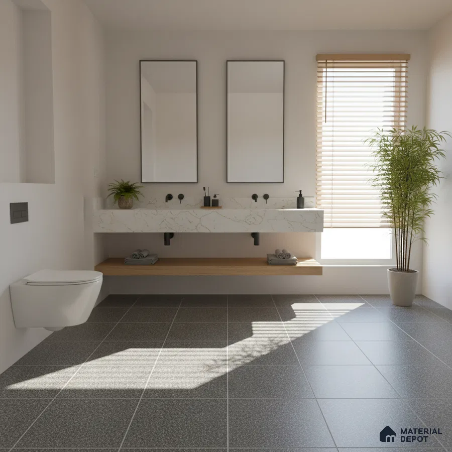 Minimalist bathroom with marble-look countertop, grey matte floor tiles, and light wood shelf