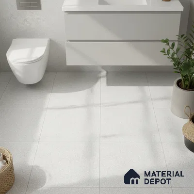Minimalist bathroom with frosty white wall tiles, matte white floating vanity, and light grey floor tiles