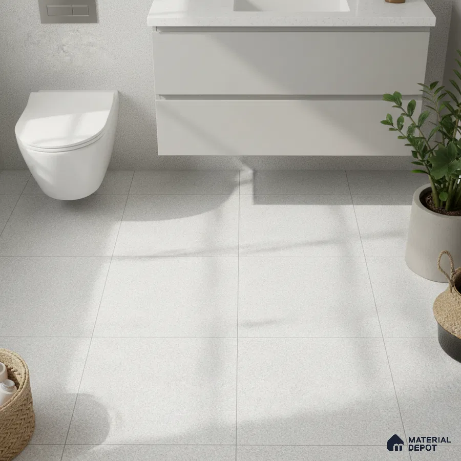 Minimalist bathroom with frosty white wall tiles, matte white floating vanity, and light grey floor tiles