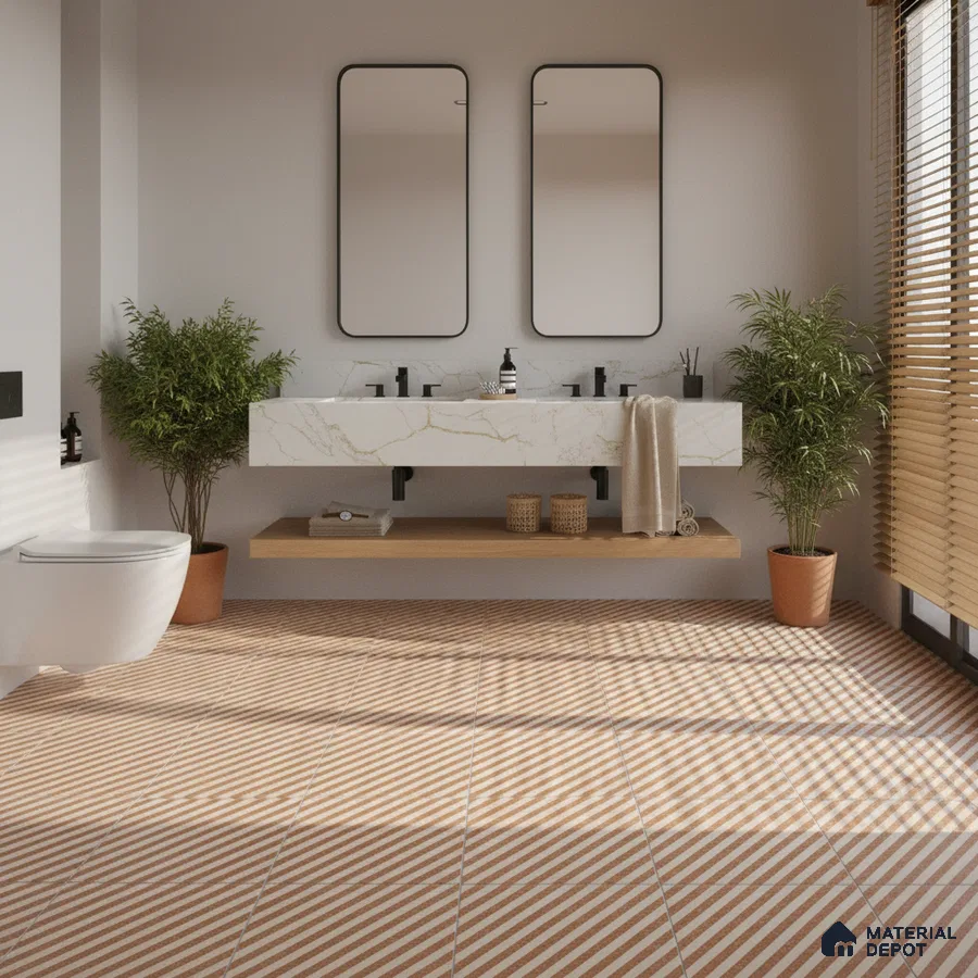 Modern bathroom with marble-look floating vanity and terracotta diagonal striped floor tiles
