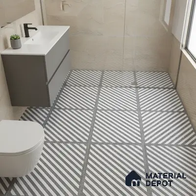 Modern bathroom with beige stone wall tiles and geometric striped floor tiles
