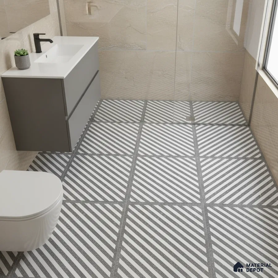 Modern bathroom with beige stone wall tiles and geometric striped floor tiles