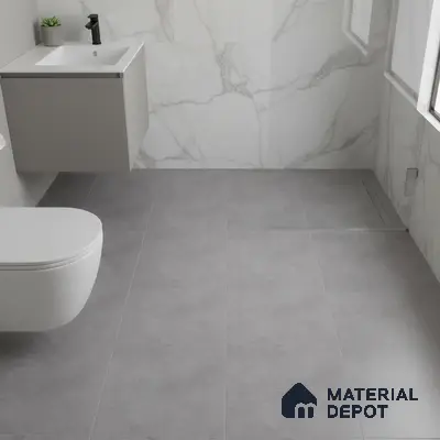 Minimalist bathroom with marble-look wall tiles and matte grey floor tiles