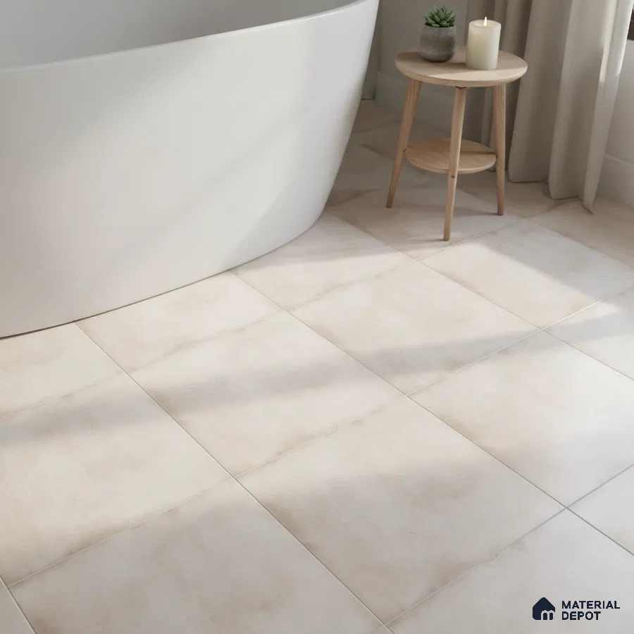 Minimalist bathroom with matte beige floor tiles and freestanding tub