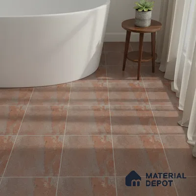 Minimalist bathroom with terracotta and grey stone-look floor tiles and freestanding tub