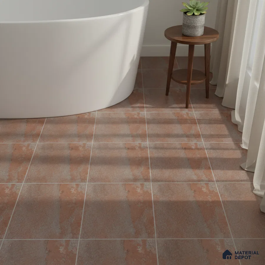 Minimalist bathroom with terracotta and grey stone-look floor tiles and freestanding tub