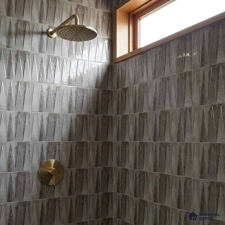 Industrial Bathroom with Glossy Grey 3D Geometric Textured Tile and Brass Fixtures