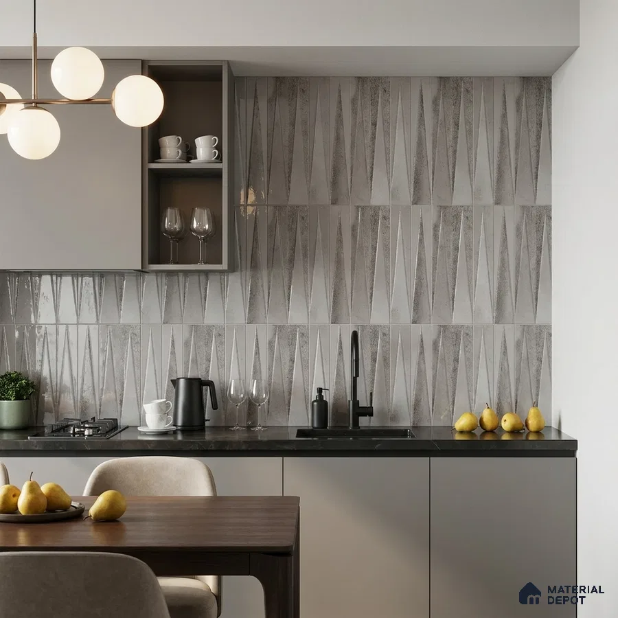 Modern Kitchen with Grey 3D Geometric Backsplash Tile and Grey Cabinets