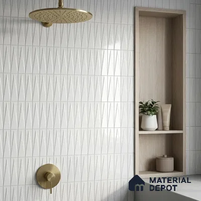 Modern Bathroom with White 3D Geometric Shower Tile and Brass Fixtures