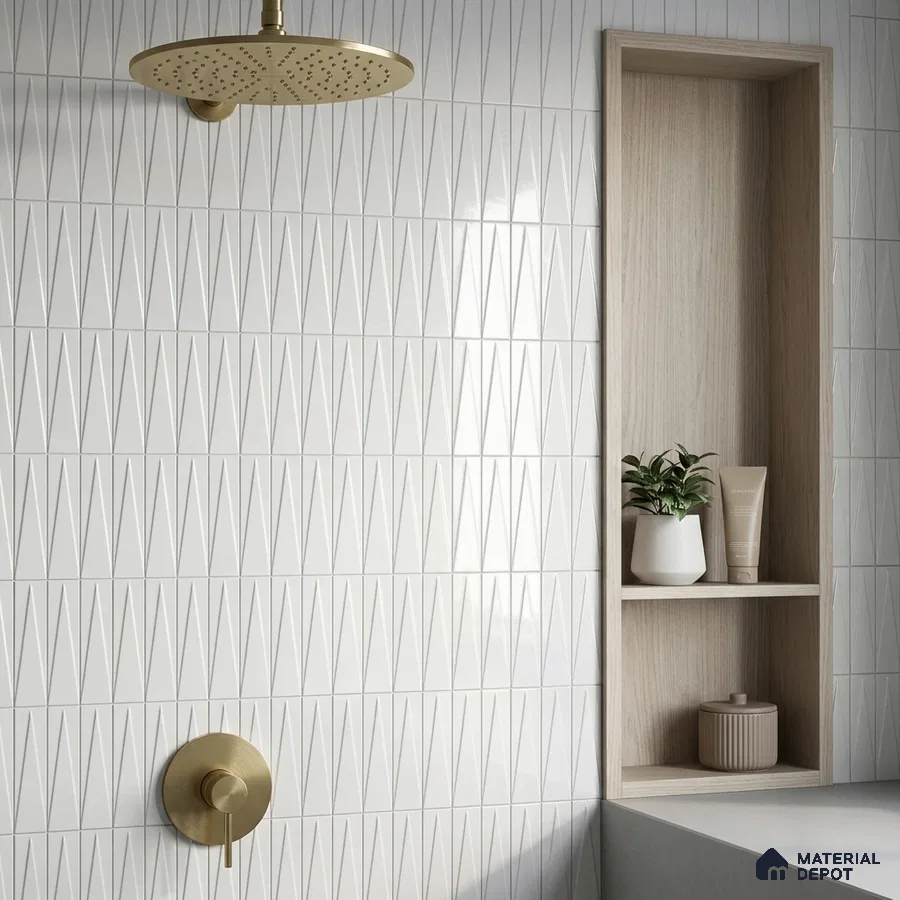 Modern Bathroom with White 3D Geometric Shower Tile and Brass Fixtures