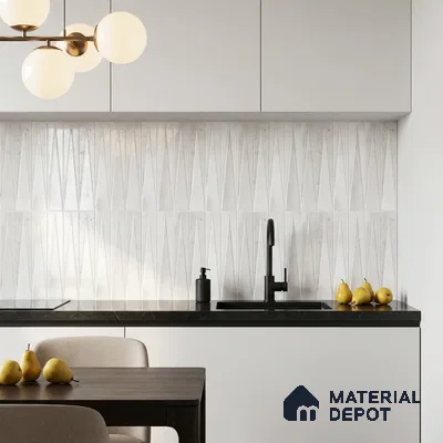 Modern Kitchen with White 3D Geometric Backsplash Tile and White Cabinets