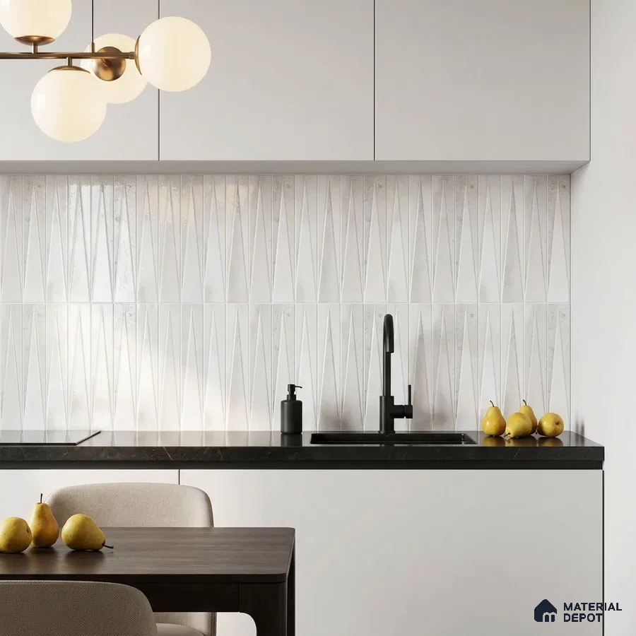Modern Kitchen with White 3D Geometric Backsplash Tile and White Cabinets