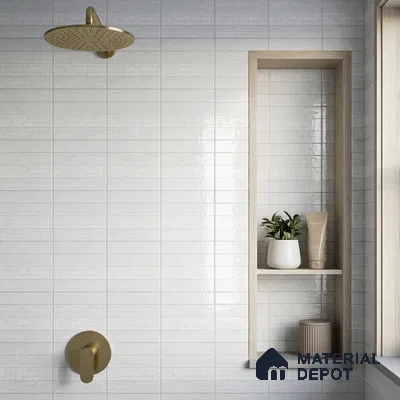 Modern Bathroom with Glossy White Stacked Brick Tile and Brass Fixtures