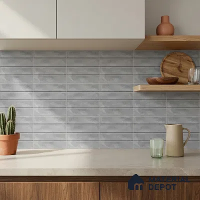 Modern Kitchen with Grey Matte Textured Brick Backsplash Tile and Walnut Cabinets