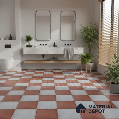 Modern bathroom with terracotta and white checkerboard floor tiles and marble-look floating vanity