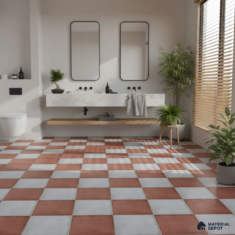 Modern bathroom with terracotta and white checkerboard floor tiles and marble-look floating vanity
