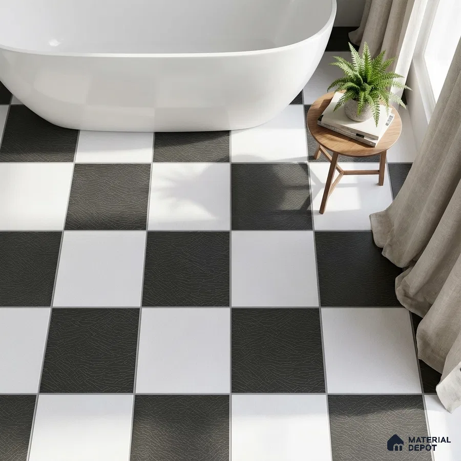 Modern bathroom with black-and-white checkerboard floor tiles and freestanding tub