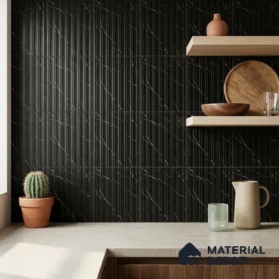 Modern Kitchen with Black Fluted Marble-Look Backsplash Tile and Walnut Cabinets