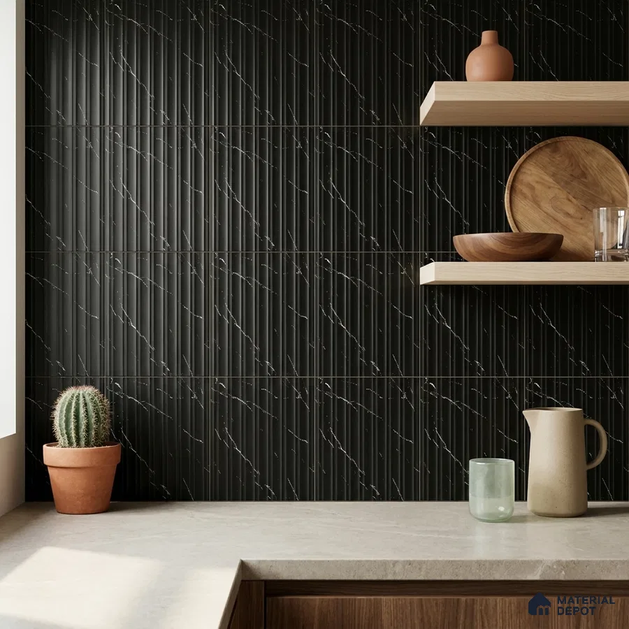 Modern Kitchen with Black Fluted Marble-Look Backsplash Tile and Walnut Cabinets